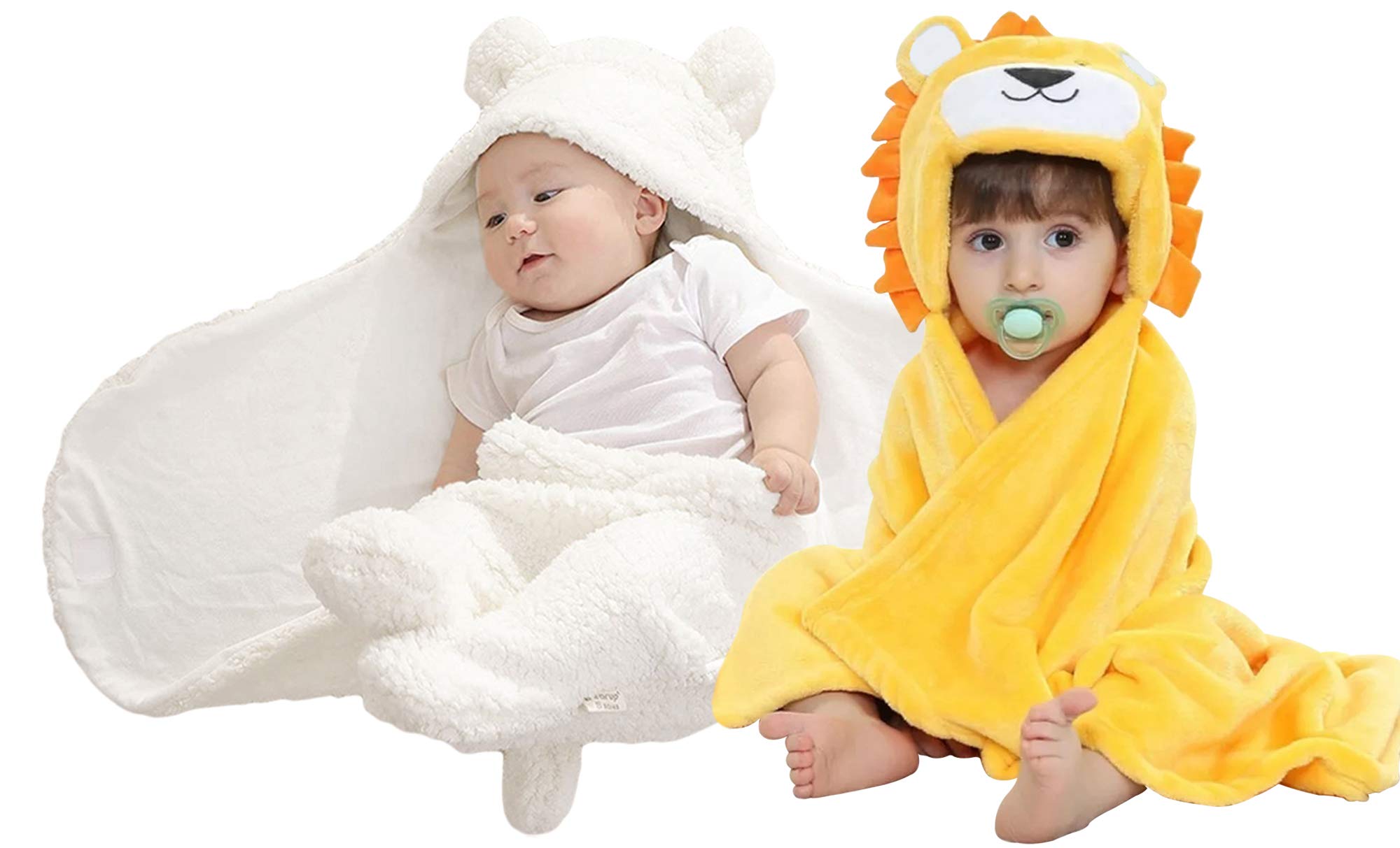 MY NEWBORN Baby Blanket Hooded Cartoon for Boys and Girls- Combo of 2 White Yellow