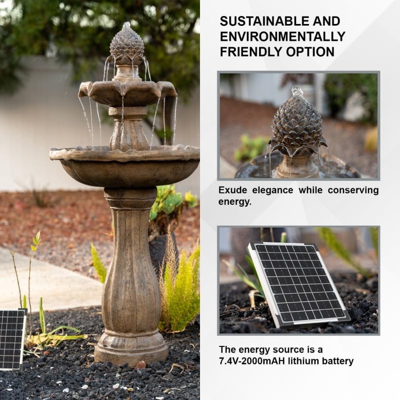 Image of XBrand 44 inch Solar Powered 2-Tier Water Fountain, Fiberglass Resin Outdoor Fountain with Solar Panel and Auto Shut-Off Pump