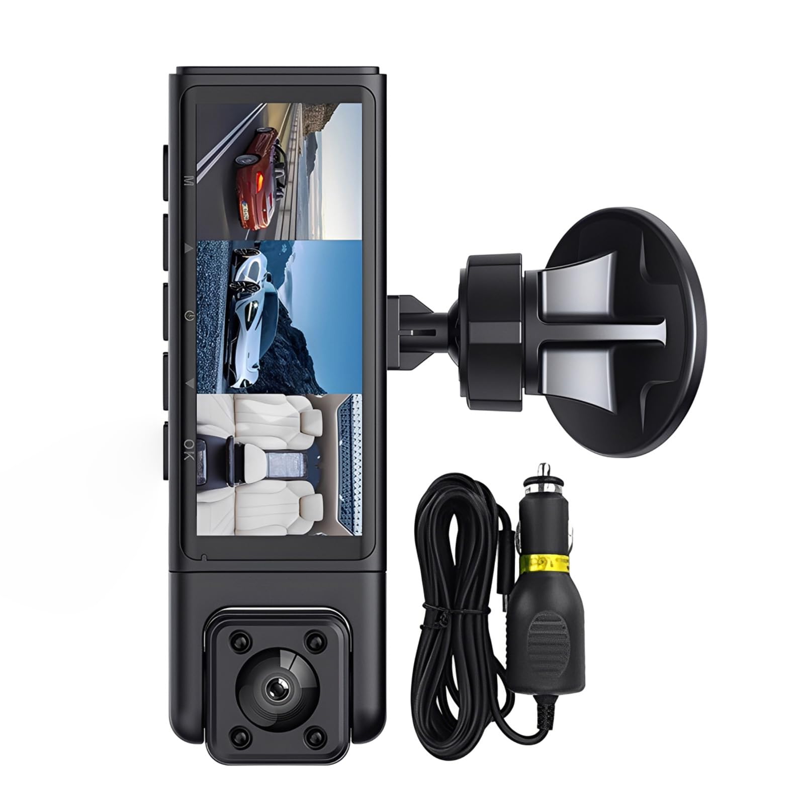 Dash Cam versatile per auto 1080P con telecamere anteriori, posteriori e per abitacolo per una copertura completa Registrazione HD Schermo diviso