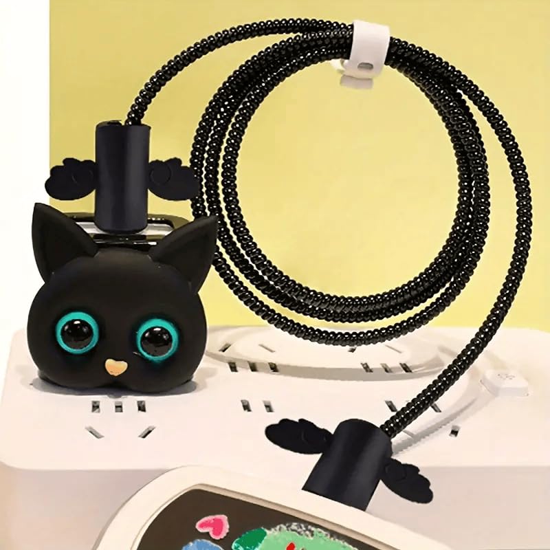 Image of skysia Charger Protector and Cable Protector for iPhone (18W-20W) - 3D Cute Pattern, Data Line Wire Saver, Full Protection Cover 4 in 1 - Multicolored (One Piece) (Black Cat Big Eyes)