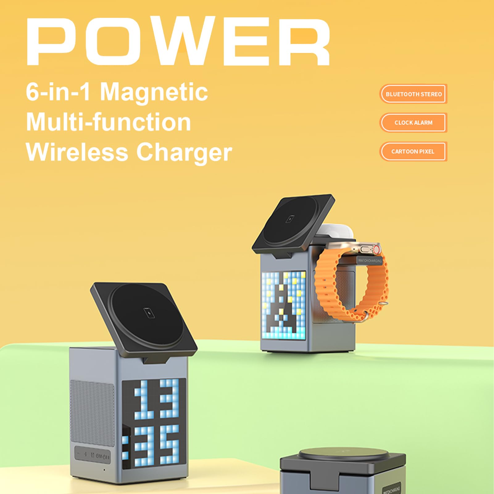 6 en 1 Station de Charge sans Fil Magnétique, Quai de Charge Rapide Pliable 15W pour la Montre D'écoute Téléphonique, Support de Chargeur de Voyage avec Horloge LED,