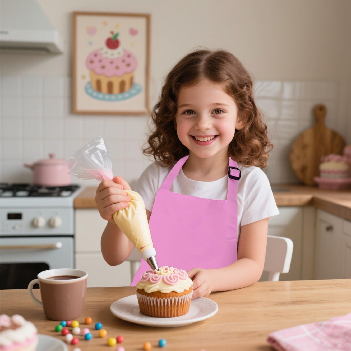 XIEJINJIA 8 Pack Kids Waterproof Apron with Pockets Adjustable Children Aprons Chef Artists Child Kitchen Cooking Baking Painting Craft (Pink) - Image 2