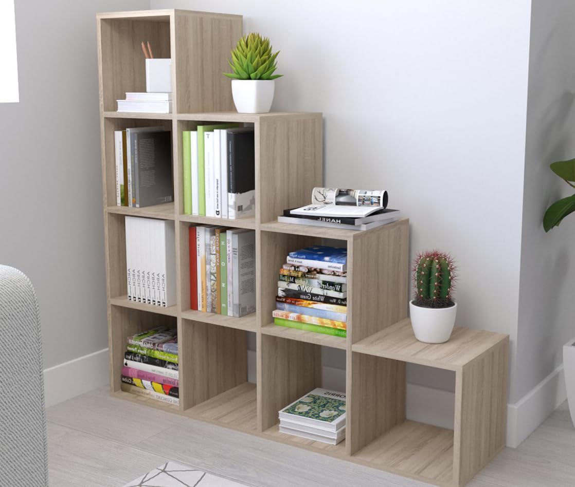 DORMIDAN- Estantería librería decoración, en Forma de Escalera, 110 x 110 x 29 cm (Roble)