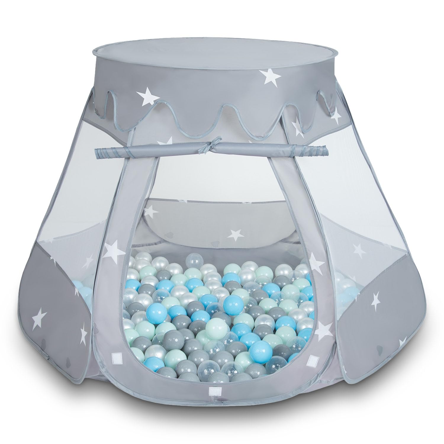 Selonis Play Tent 105X90cm/200 Balls Castle House Pop Up Ballpit Plastic Balls For Kids, Grey:Pearl-Grey-Transparent-Babyblue-Mint โ image 1
