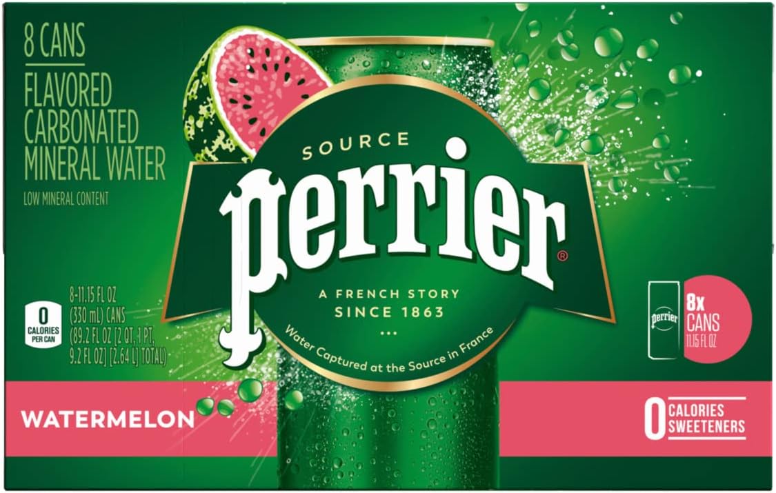 Perrier Sparkling Water Watermelon Flavored, 11.15 FL OZ Sleek Cans (24 Count)