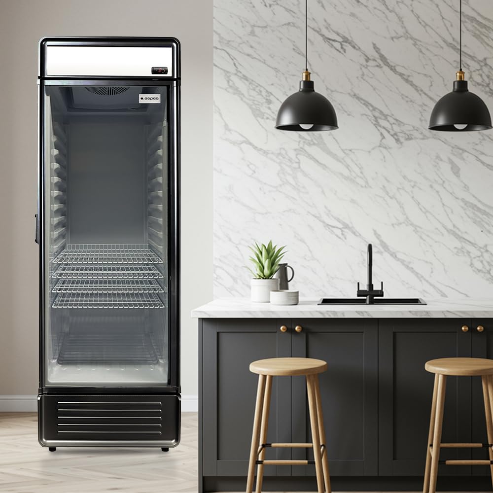 Aspes Frigorifero nero ARH1855500ENF, capacità 295 litri, larghezza 54 cm, altezza 185 cm, ventilato, motore universale, 55 dB, livello sonoro, luce LED, porta in vetro, apertura a manopola, classe E
