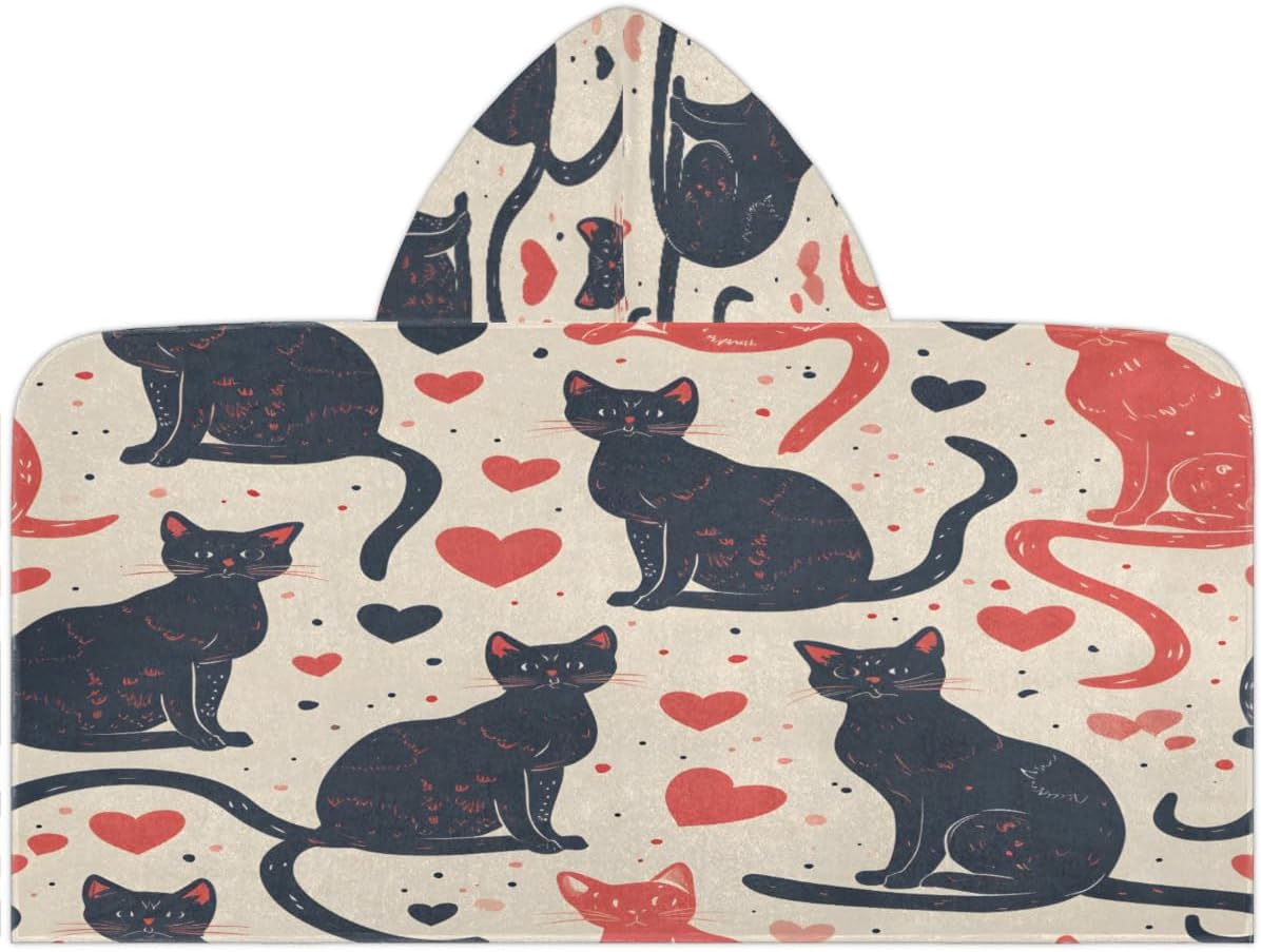 Pardick Kids Bath Towel Aniaml Black Cat Love Beach Towel with Hood Pool Cover Up for Girls Boys Soft Absorbent Hooded Bath Towel Toddler Towels for Beach, Pool