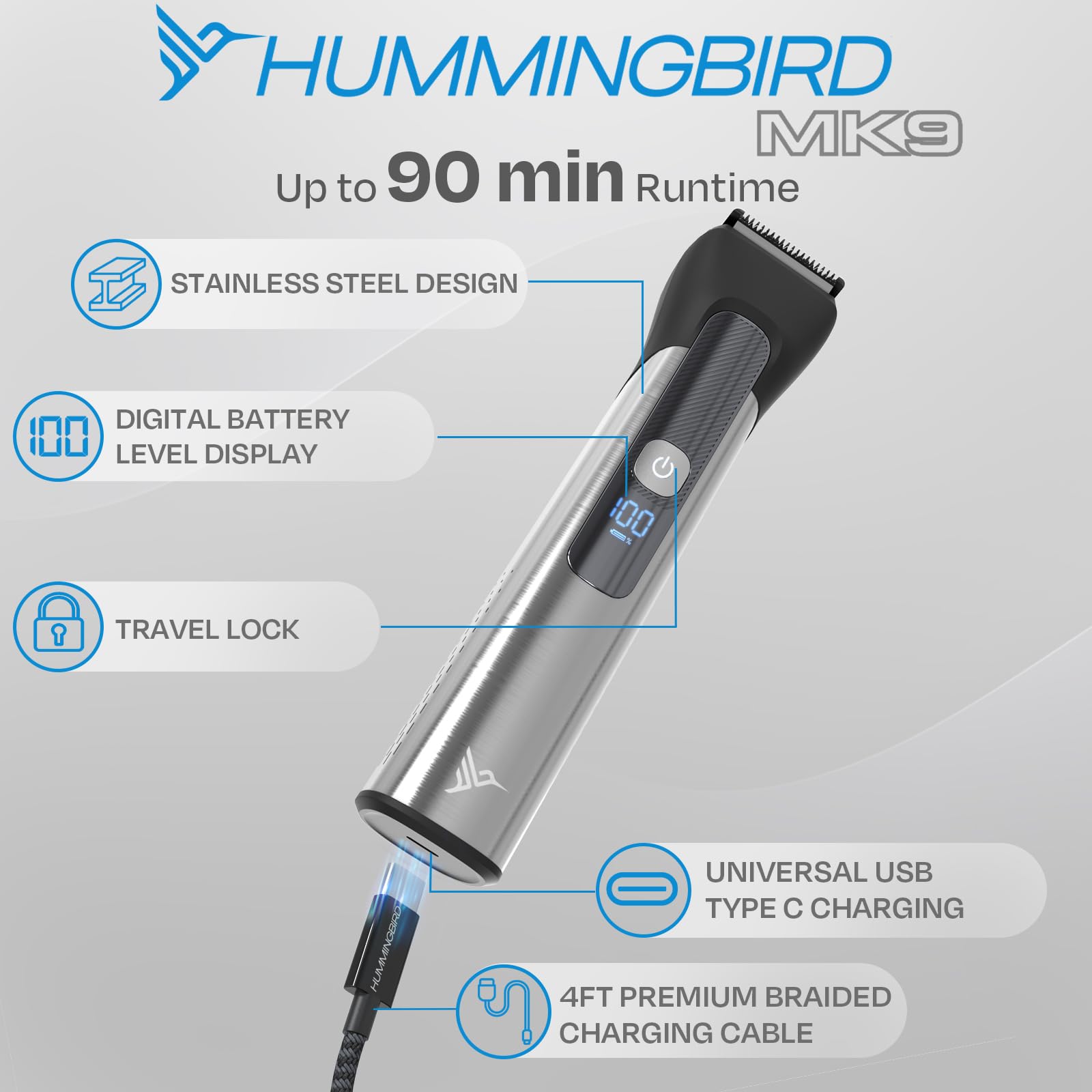 Hummingbird MK9 MasterGroom - Recortadora todo en uno, kit de aseo para hombre, 21 piezas, para barba, cabeza, cabello, cuerpo y cara, impermeable, acero inoxidable, recargable por USB C, pantalla LED