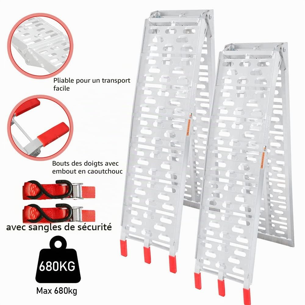 Ikodm Lot de 2 rampes de chargement pliables en aluminium - Charge maximale : 680 kg - Antidérapantes - Pliable - Pour moto, quad, voiture - Argenté