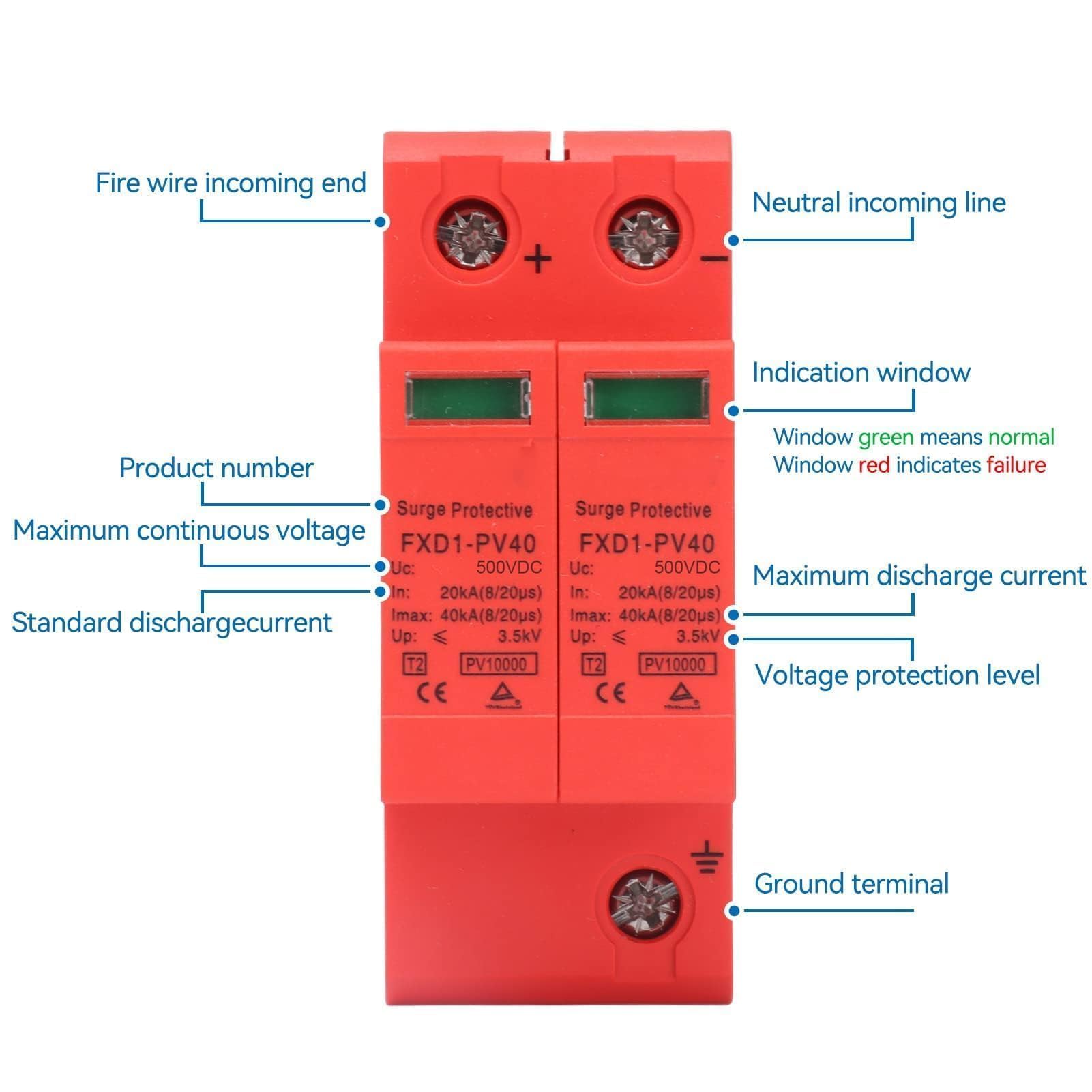 Agatige 2 Pezzi Dispositivi di Protezione Contro Le sovratensioni, 2P 40KA DC Fotovoltaico Protettore Flash Arrester, DC 1000V