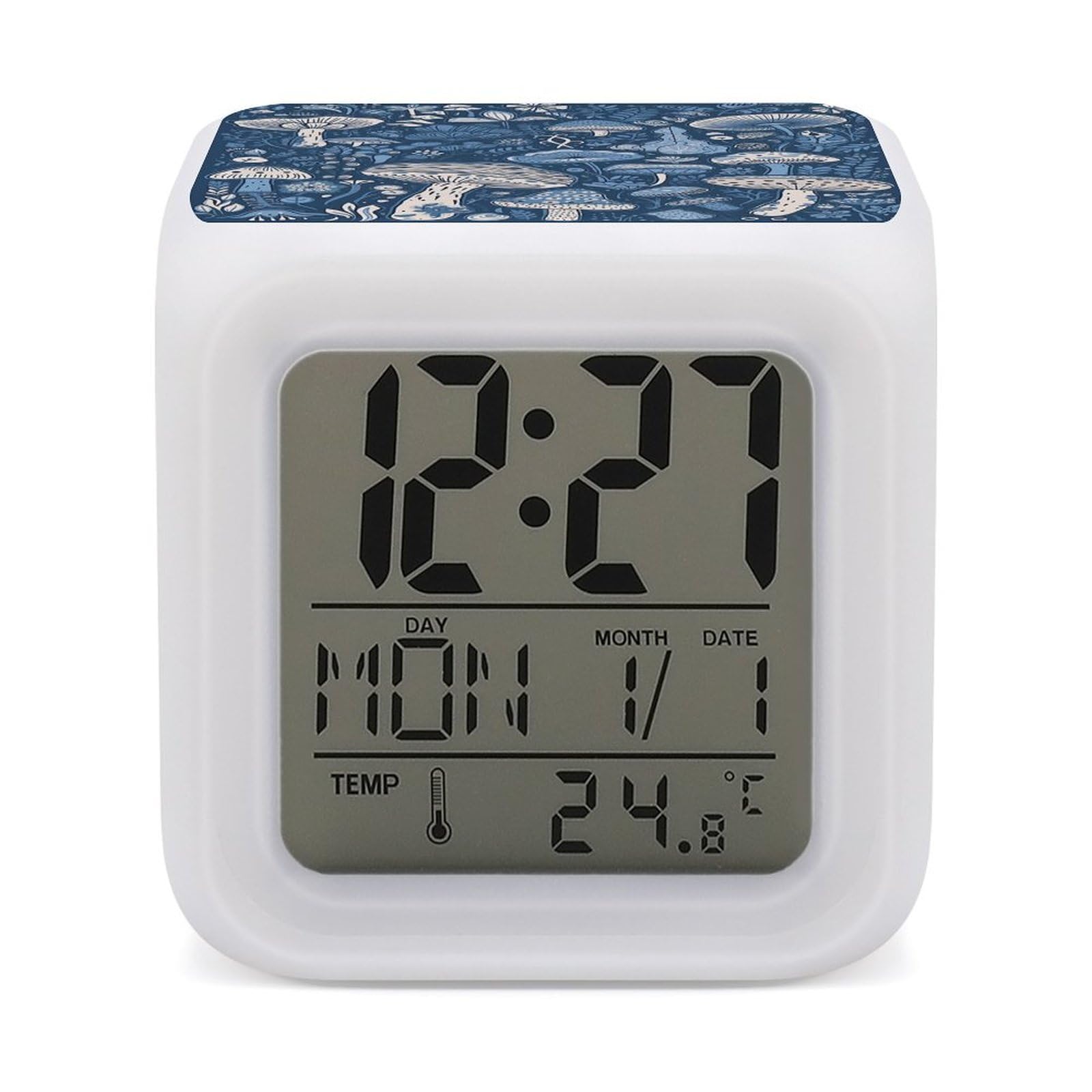 JTREHY 7 Color Changing LED Digital Alarm Clock,Cartoon Blue Mushroom Printed Wake-up Clock with Temperature Display Home Decoration Alarm Clock for Bedroom Office