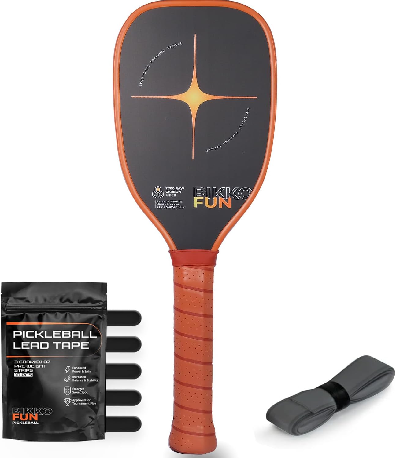 PIKKOFUN Pickleball Training Paddle Kit - Includes 10 Lead Bars & Overgrip for Customizable Weight - T700 Carbon Fiber Pickleball Trainer for Sweet Spot Practice - Extra Long Handle - 16mm Quiet Core