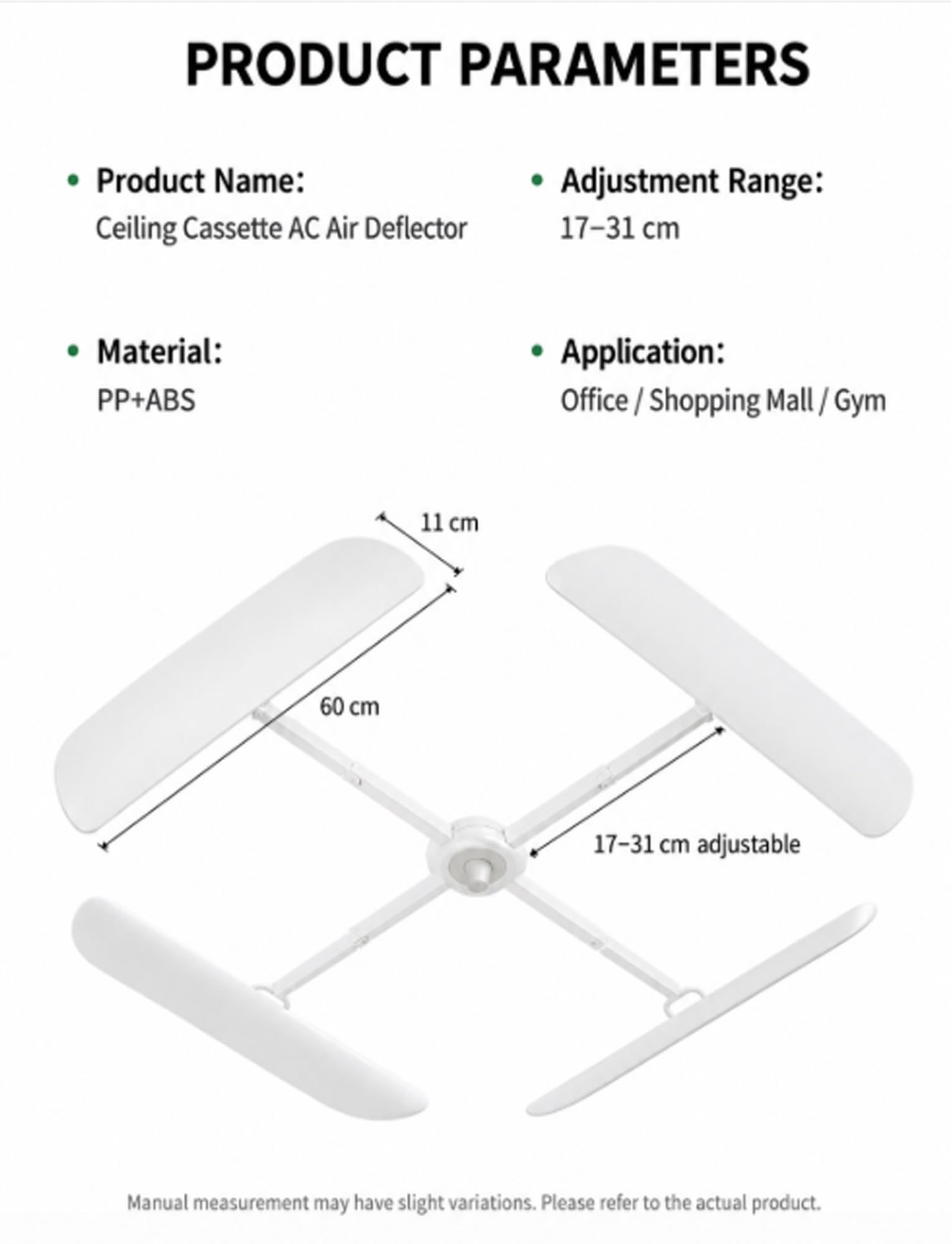 Deflettore del flusso d'aria per climatizzatore, Deflettore regolabile for condizionatore da soffitto a cassetta 11x60 cm 1-4 Pz | One-sided