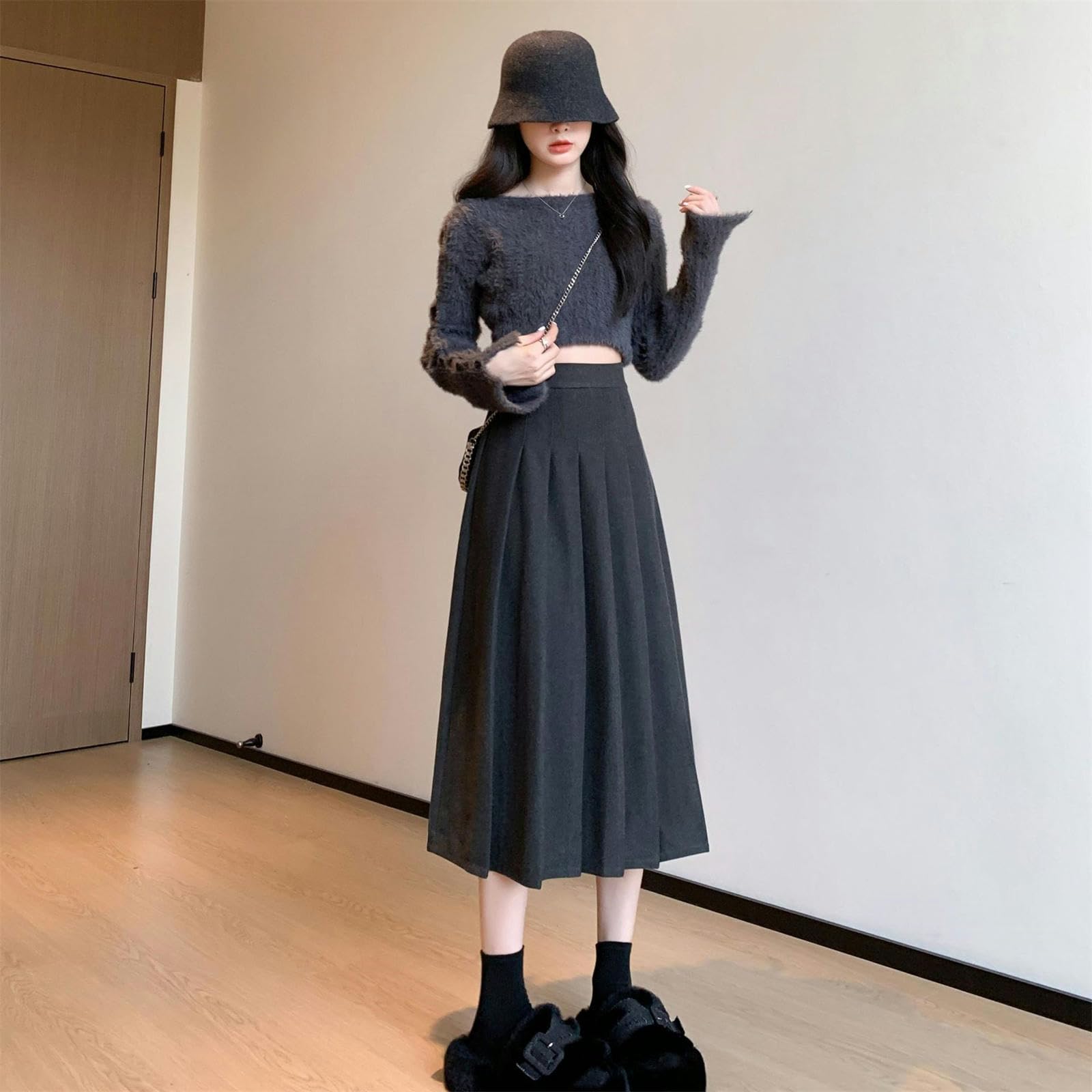 Strickrock Damen Damen Herbst Und Winter Verdickte Faltenrock Hohe Taille Slim Lose Große Größe Elastischer Mittellanger Rock-schwarz (verlängert)-s