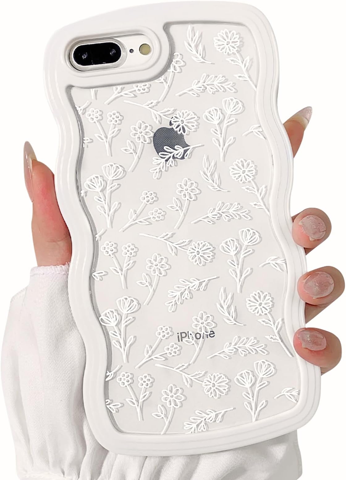NITITOP Compatible for iPhone 7 Plus / 8 Plus Case Cute Clear Flower Floral Curly Wave Frame Shape Wavy Shockproof Soft TPU 2 in 1 Protective Phone Cover for Women Girl - Flower