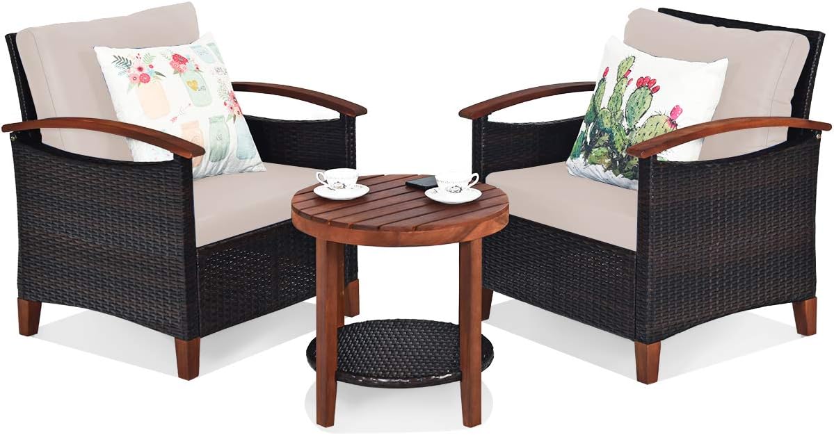 Tangkula 3 Pieces Patio Furniture Set, Outdoor Rattan Sofa and Side
