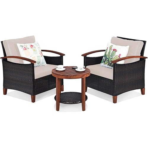 Tangkula 3 Pieces Patio Furniture Set, Outdoor Rattan Sofa and Side Table w/Solid Acacia Wood Frame, High Load Bearing Conversation Bistro Set w/Washable and Removable Cushions (Beige)