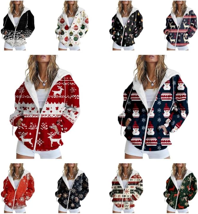 Womens Christmas Zip Up Trendy Hoodie Hooded Sweatshirt Comfy Casual Long Sleeve Outfits - Image 4