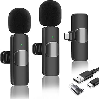 Wireless Lavalier Microphone, Wireless Microphones for iPhone/Android/iPad/Laptop, Clip on Microphone Plug-Play and Noise Reduction, 2 Pack Lapel Mic for Recording, Live Streaming (Black)