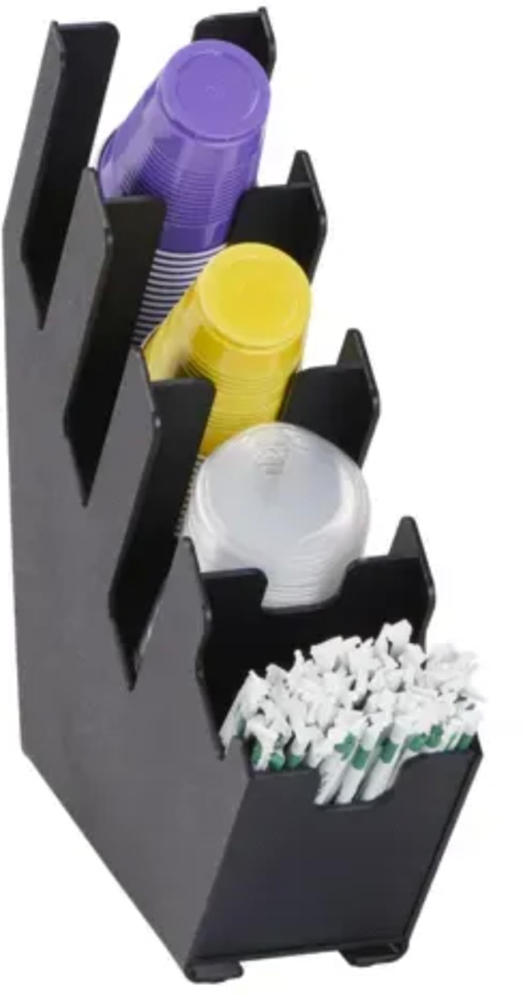 Dispense-RITE LID-4BT-WS Countertop Cup, Lid, and Straw Organizer, Four-Section Black Polystyrene Holder for 6 oz. to 44 oz. Cups and Lids, Compact 5-1/4" Wide Design for Beverage Stations