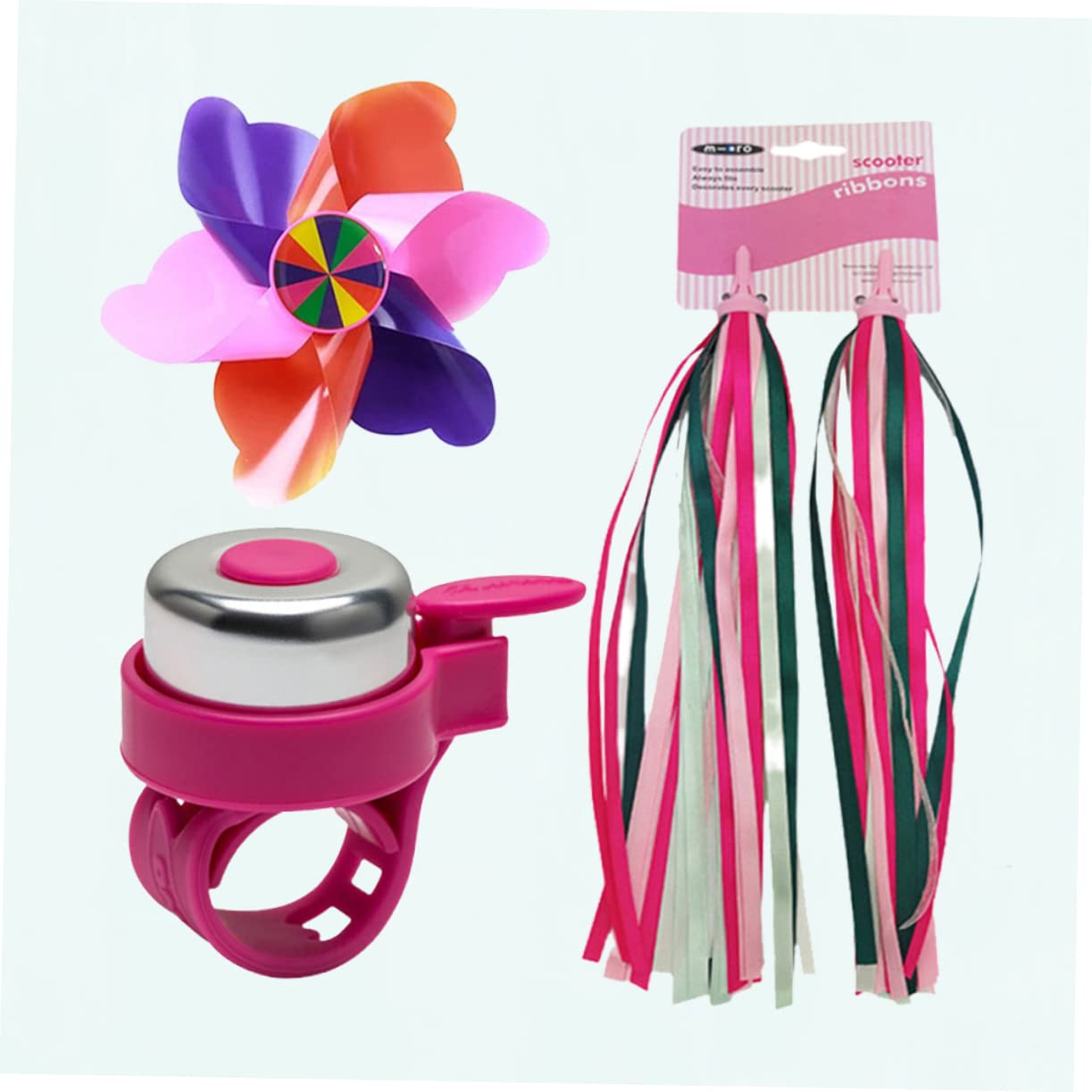 CORHAD 3Pcs Pink Bike Accessories Set Handlebar Grips with Tassels Bell and Windmill Fun Scooter Streamers for Bicycles and Scooters for Boys