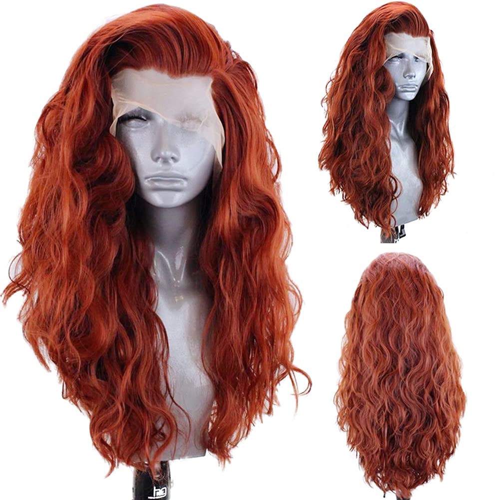 RONGDUOYI RDY Copper Red Loose Body Wave Synthetic Wig for Women 24inches Long Wavy Lace Front Wigs Half Hand Tied Heat Resistant Fiber Hair Daily Use