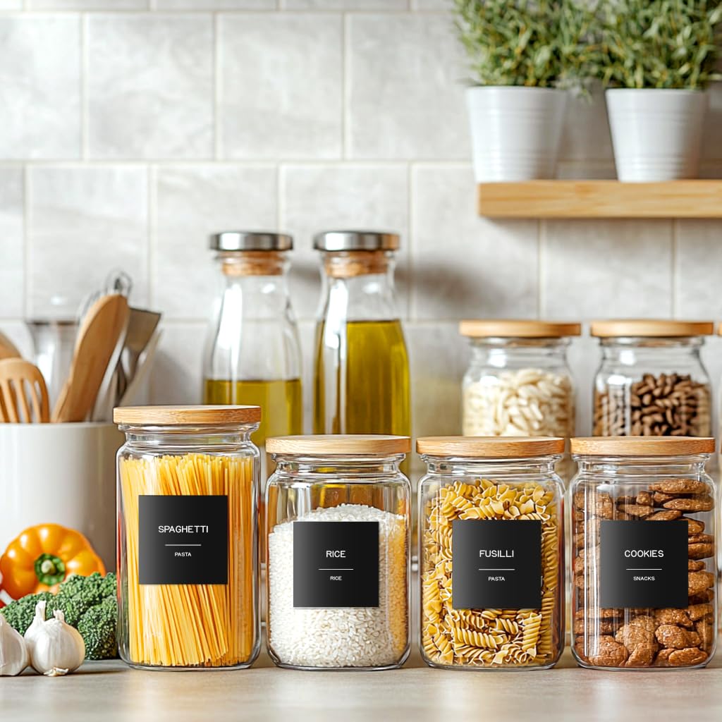 Speisekammer-Etiketten für Lebensmittelbehälter, schwarz, vorgedruckte, minimalistische, wasserdichte Aufkleber für die Organisation von Aufbewahrungsbehältern, Gläsern und Küche, 288 Stück