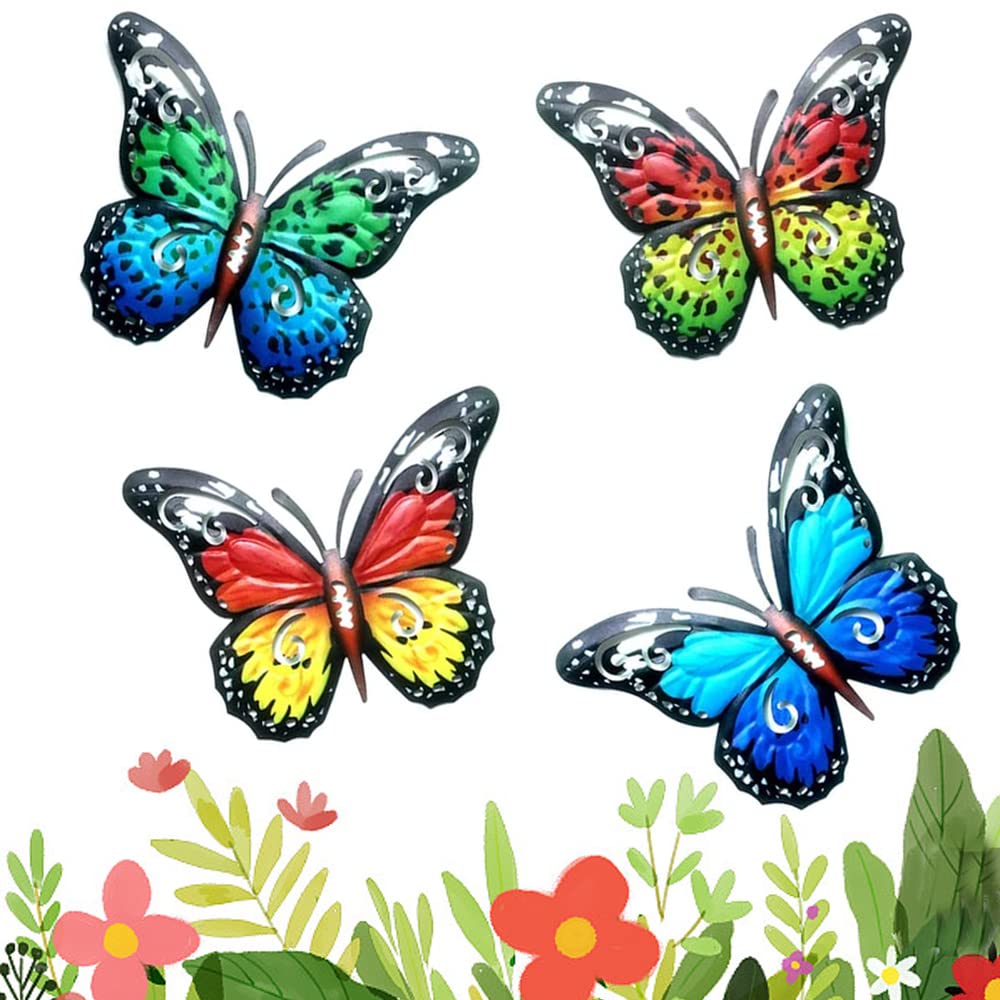 Set Di 4 Decorazioni Murali In Metallo A Farfalla 24 Cm - Colorate, Antiruggine, Per Giardino, Recinzione E Soggiorno