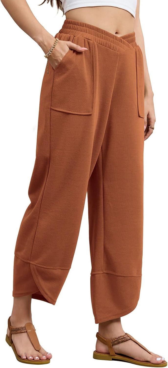 Viracy Womens Baggy Wide Leg Pants Casual Cross Elastic Waist Palazzo Wrap Hem Harem Pants with Pockets - Image 6