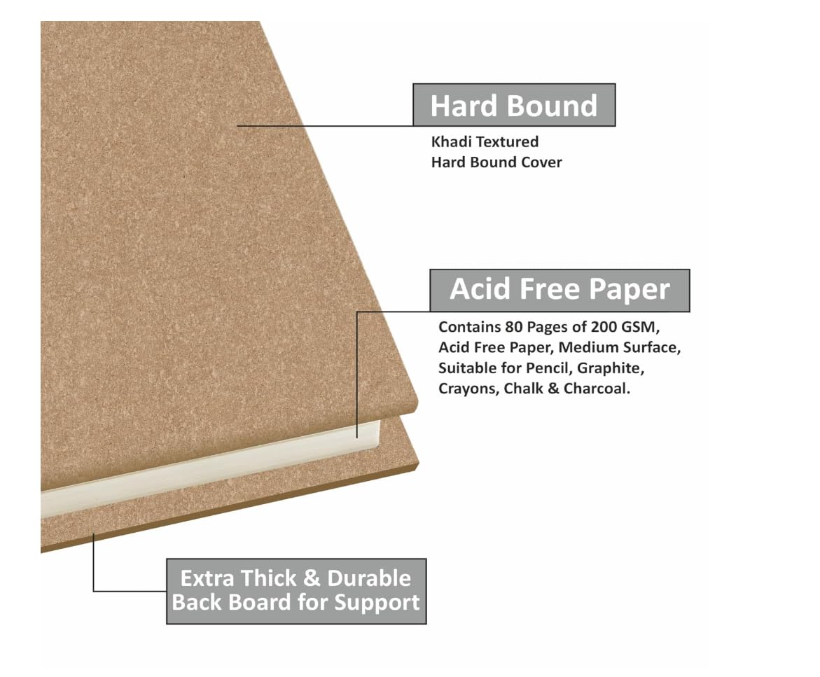 Creo Crafts Sketche Khadi - Cuaderno de bocetos de tapa dura A4 | 40 hojas/80 páginas | Papel de cartucho sin ácidos de 200 g/m² | Bueno para marcador de acuarela, acrílico, tinta, pastel al óleo