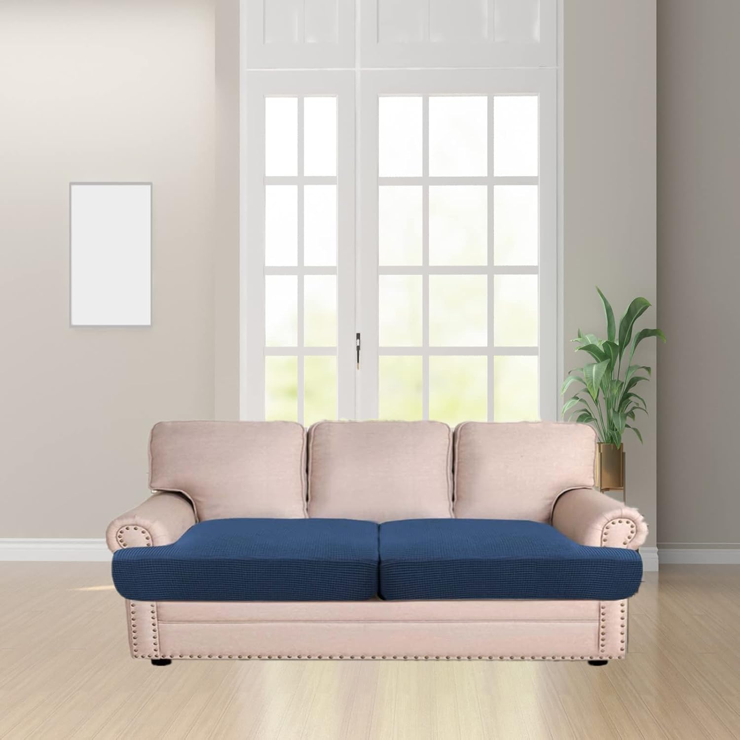 2-Pack Stretch T-Cushion Sofa Slipcovers - Premium Jacquard Fabric Elastic Sofa Seat Covers, Non-Slip Couch T Cushion Covers for 2-Seater Loveseat & Sectional (2, Navy)