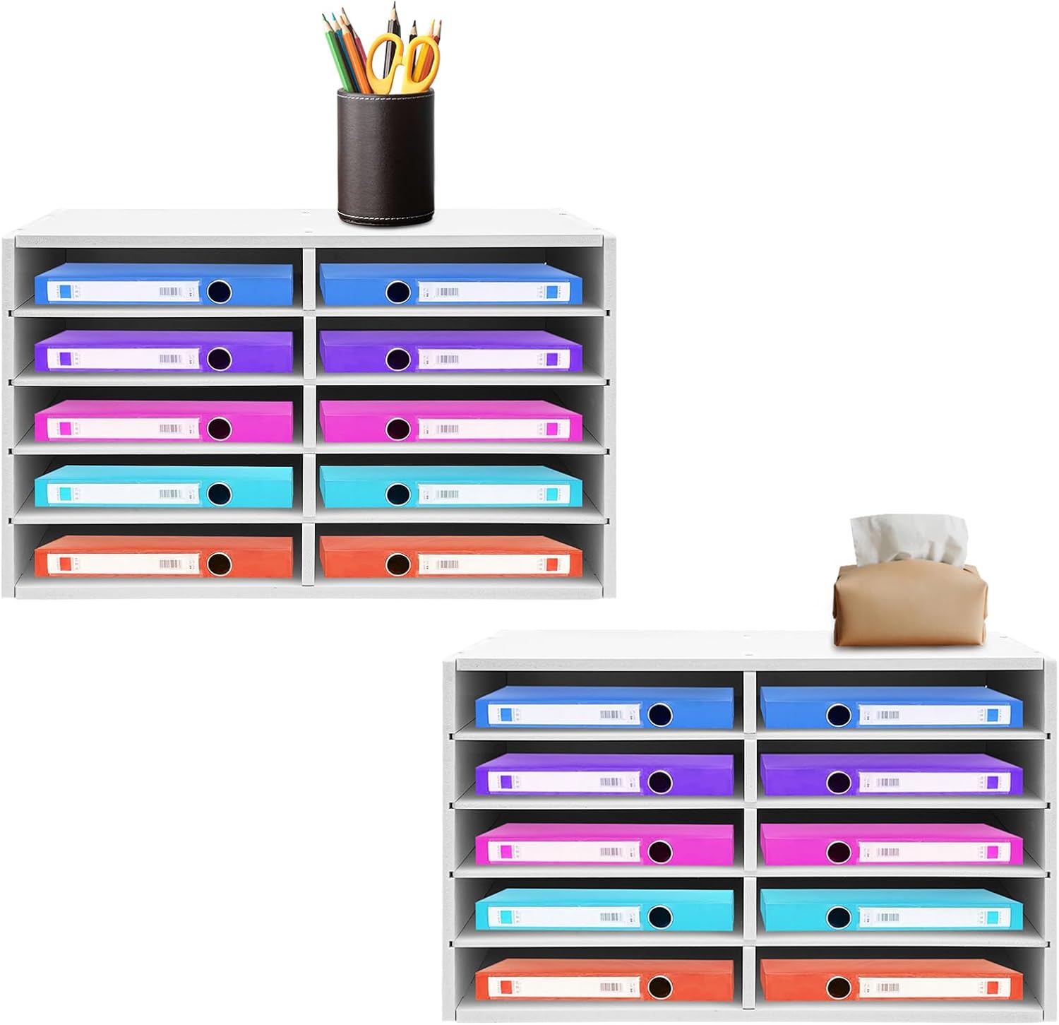 2-Pack 10-Compartment White Paper Storage Cabinets, Durable Plastic, Ideal for Office and Home Use