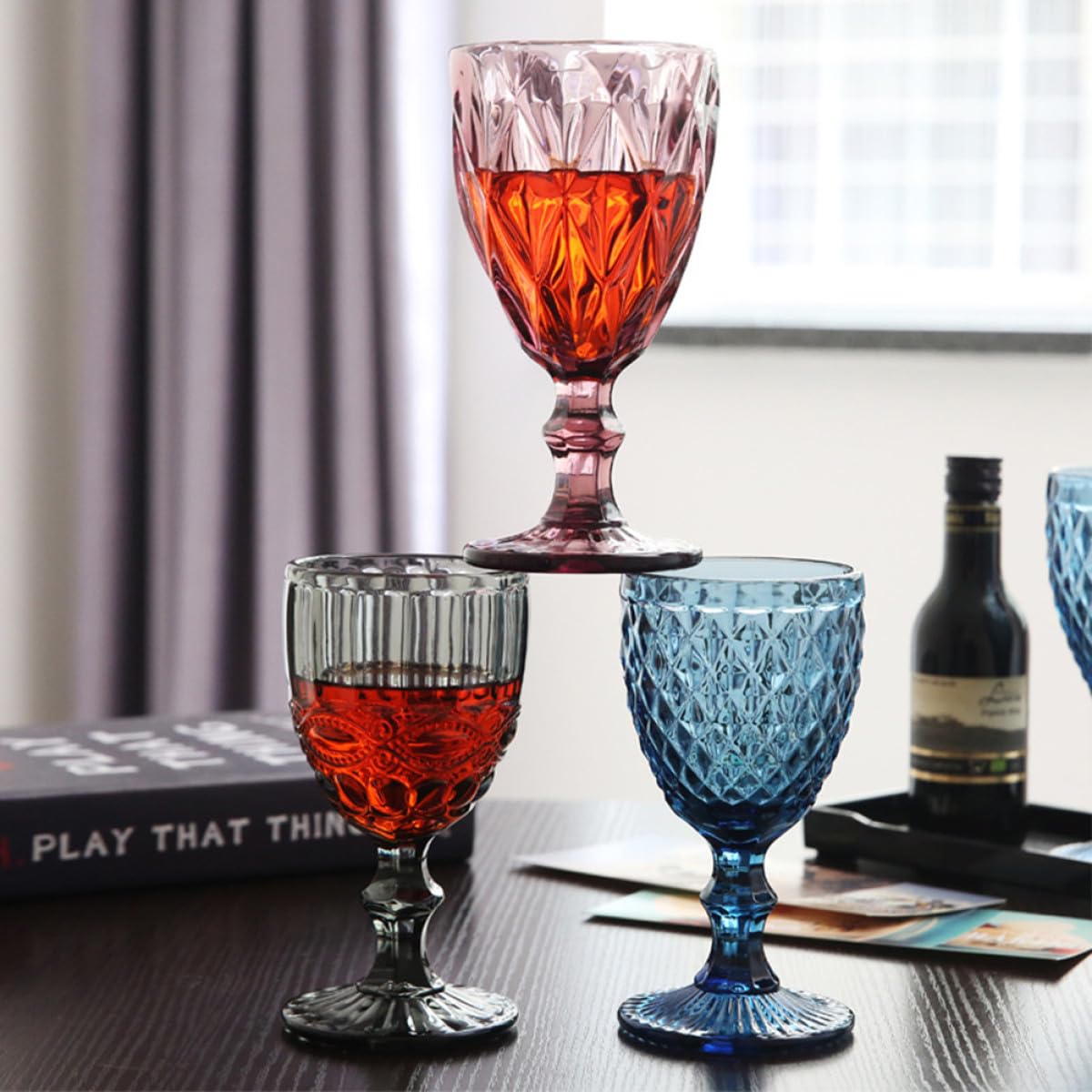 SHINEOFI 3 Copas de Vino de Vidrio Cristalino Resistentes y Fáciles de Limpiar Vintage Diseño Único Ideales para Bares y Eventos Obsequios