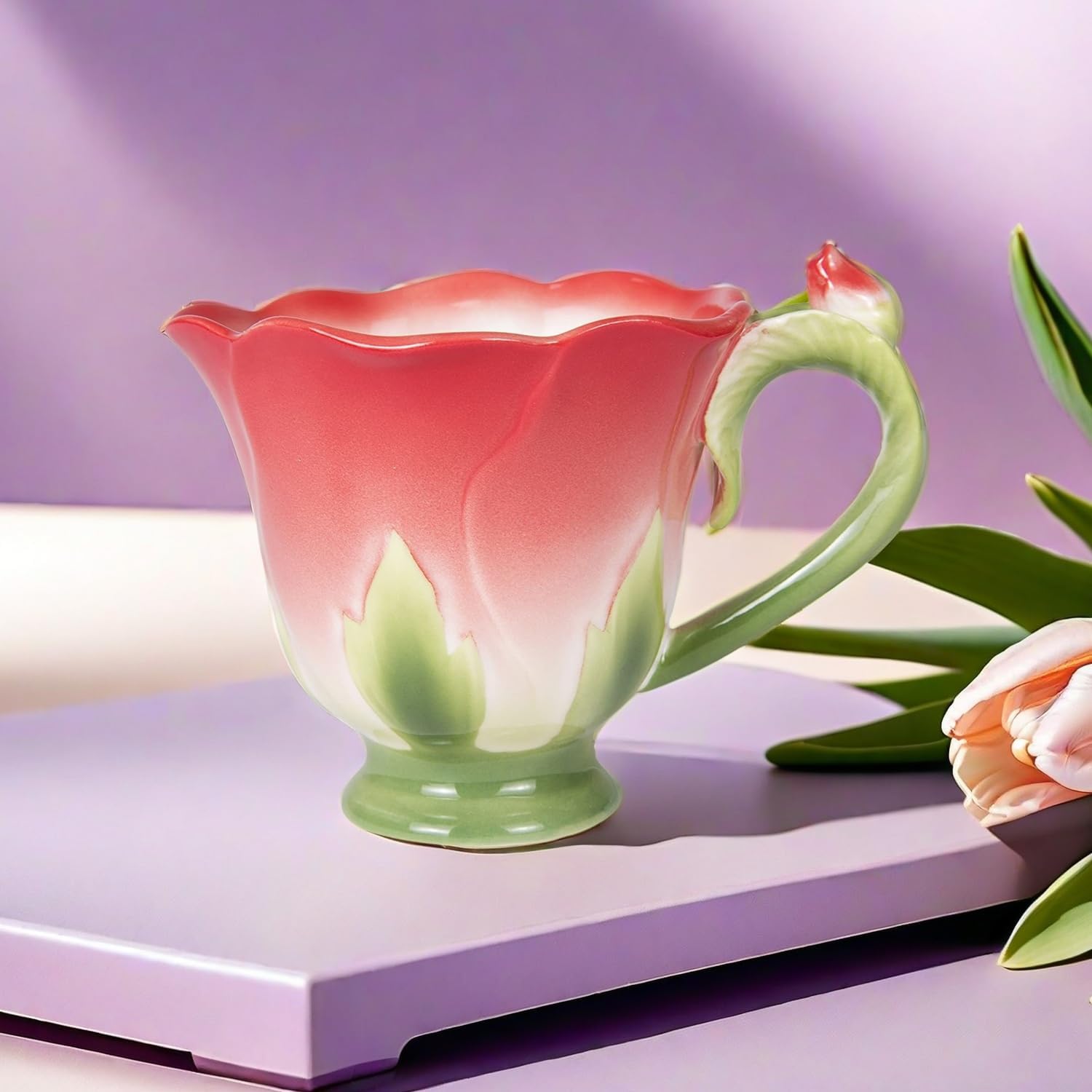 ONEUSTAR Tea Cup and Saucer Set for 1 Ceramic Handicraft Rose Flower Shaped Coffee Cup with Spoon 6 Oz Teacup for Women Valentine's Day Christmas Gift