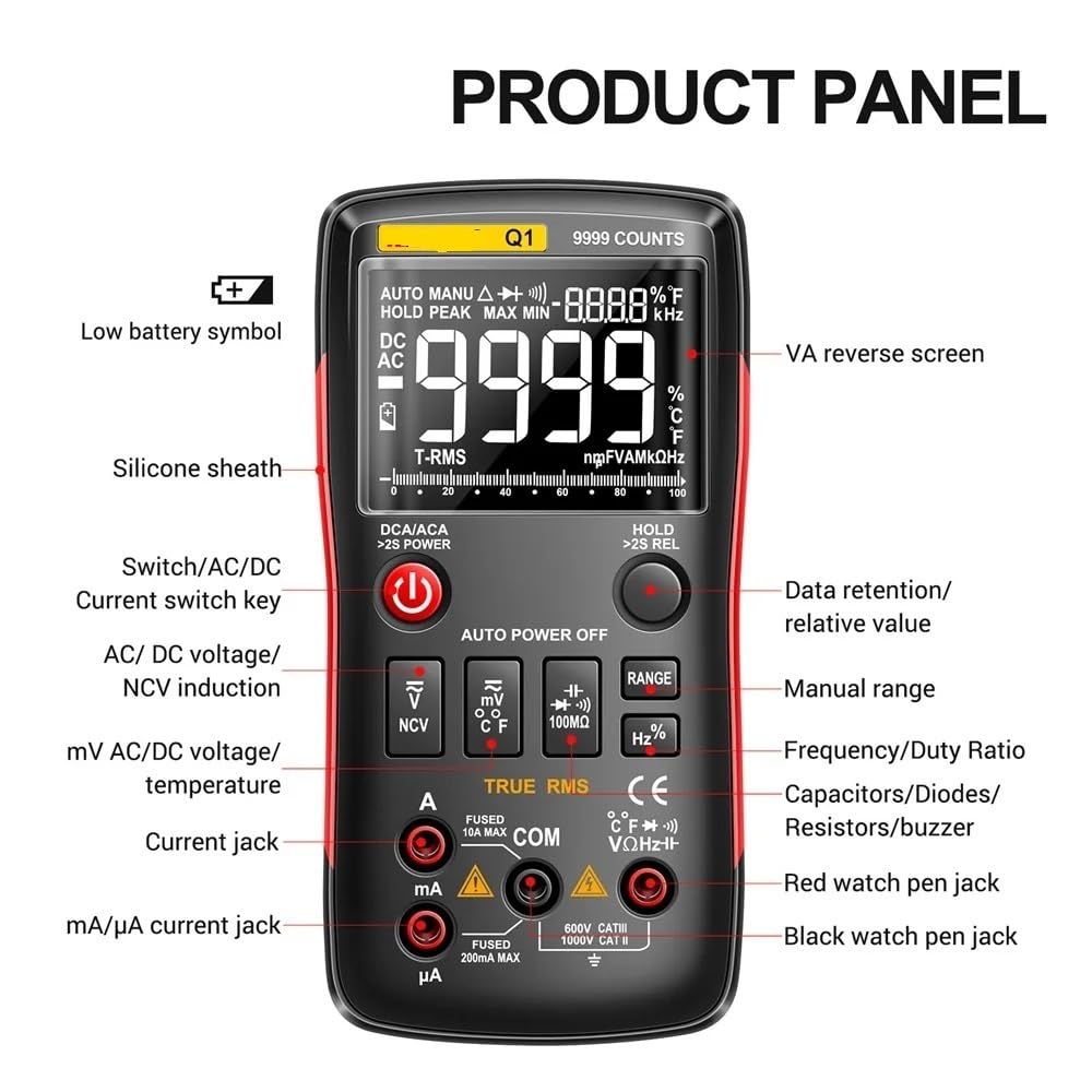 Q1 Multimetro Digitale 9999 Tester Analogico Vero RMS Professionale Multimetro FAI DA TE Condensatore Transistor NCV Tester Lcr Meter(Q1 Orange Pro)