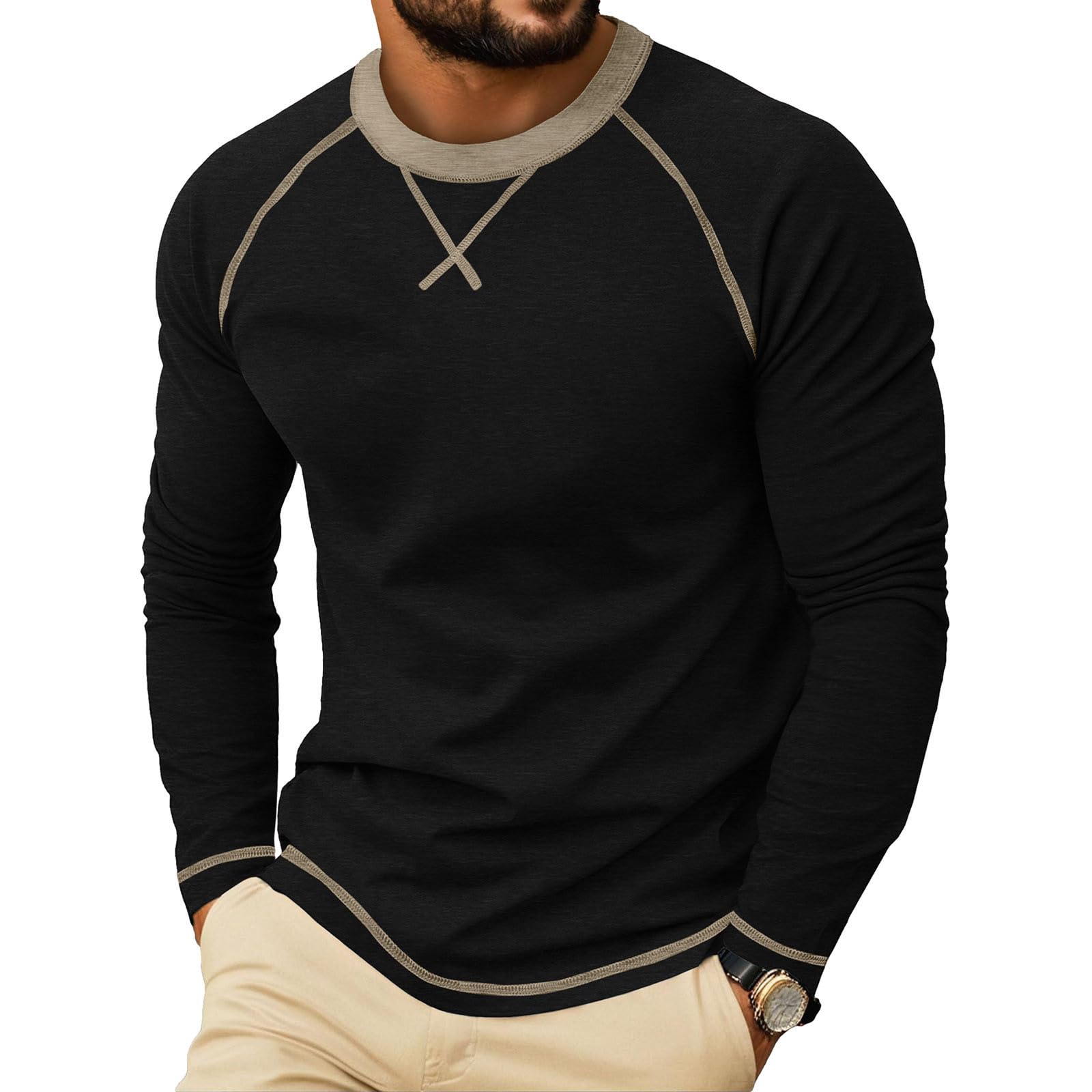 Raglan Long Sleeve Tshirts for Men Casual Pullover Crew Neck Tee T-shirts