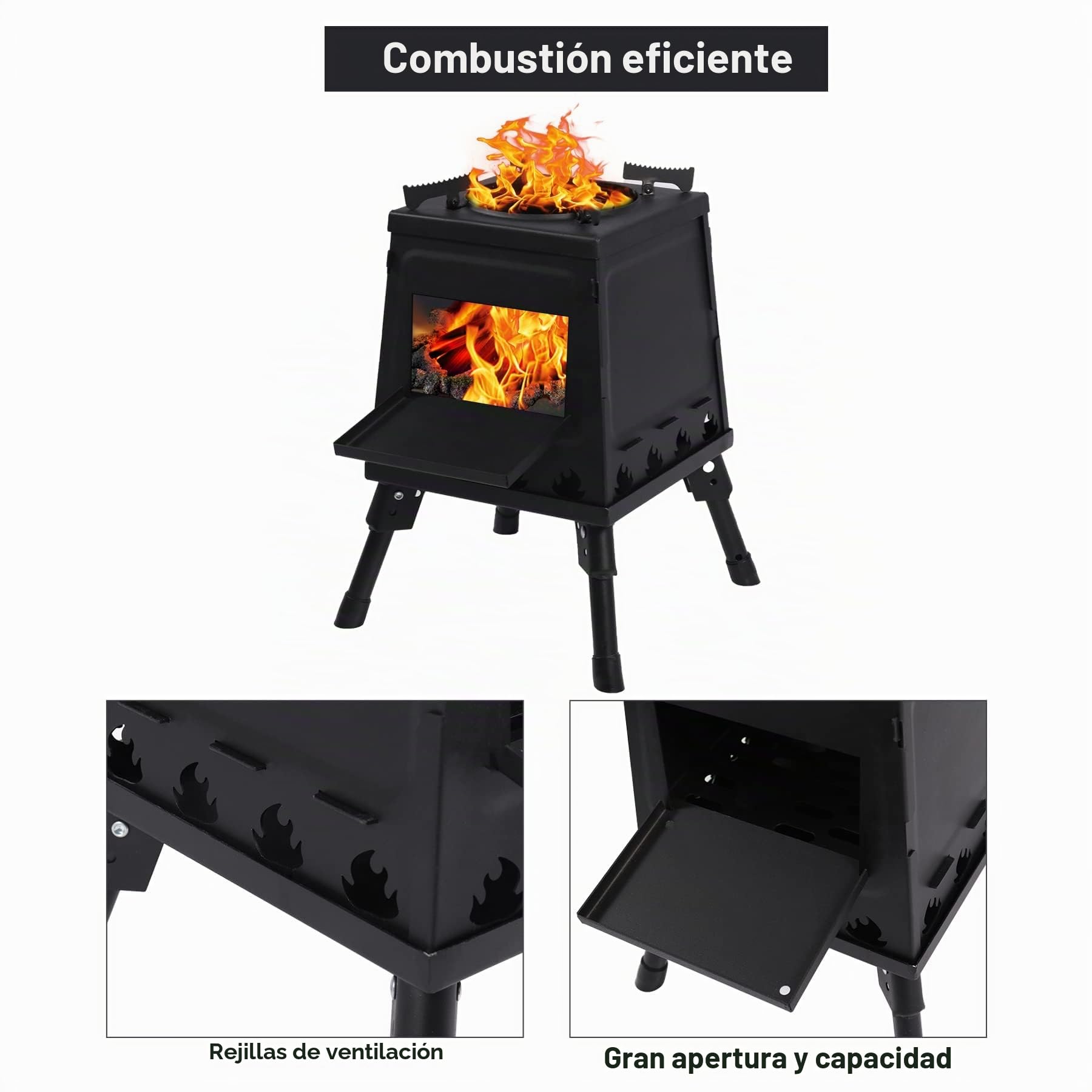 Estufa de Leña Portátil de Hierro Fundido para Camping, Negra Con Funda de Transporte para Mochileros, Cocina Al Aire Libre, Grande