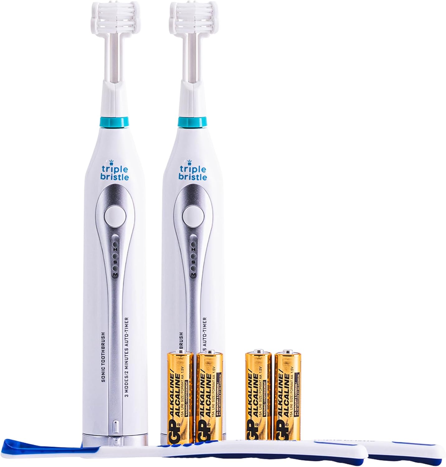 Triple Bristle GO | Moveable AA Battery Sonic Toothbrush for Journey | Three Highly effective Modes | Gentle Nylon Bristles-Additionally for Autistic & Particular Wants Adults and Youngsters | Triple Bristle GO Two Pack