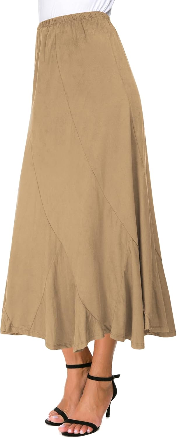 Urban CoCo Women's Faux Suede Elastic Waist Midi Long Skirt A Line Women Flowy Fall Winter Skirts - Image 2