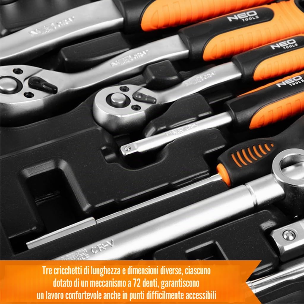 NEO TOOLS Set di Chiavi 216 Elementi 1/2", 3/8", 1/4" In Una Custodia Resistente | Chiavi A Bussola, Cacciaviti, Chiavi A Brugola, Cricchetti | Set Completo Per Officina, Garage, Fai Da Te | Robusta valigetta, chiave a bussola, cacciavite, chiave a brugol