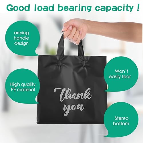 Miniatura 4 de Yeaqee 100 bolsas de agradecimiento de 8 x 10 pulgadas, extragruesas con asas, bolsas reutilizables negras esmeriladas para boutique, mercancía,