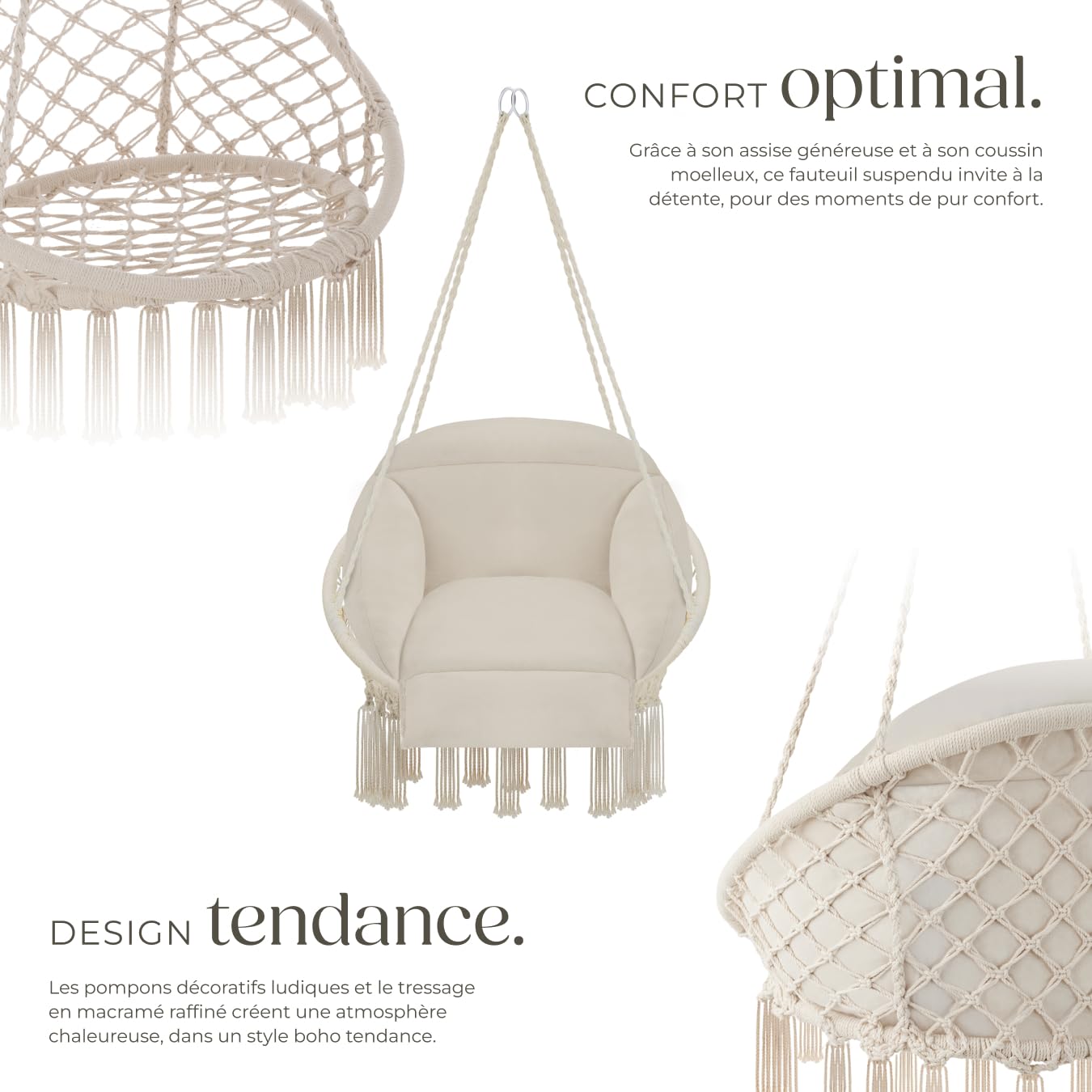 tectake® Fauteuil Suspendu Relax style boho Ø80cm, Design Intérieur & extérieur Fauteuil Relax max. 160kg Fauteuil de Lecture Cocooning 1 Place, pompons, Coussin Chaise XXL Moelleux épaisseur 10-12 cm