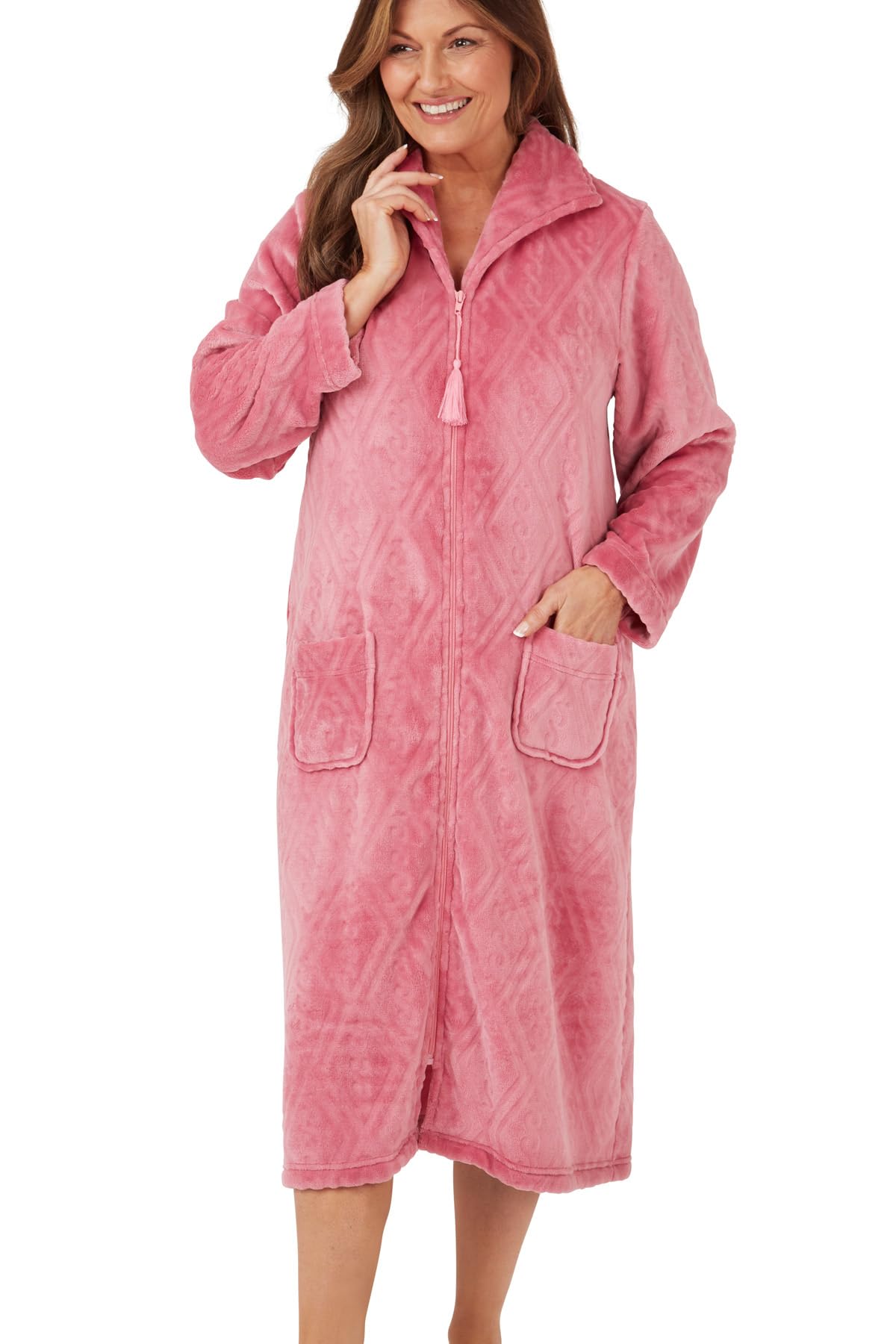 Marlon Womens Serena Zip Front Embossed Fleece Housecoat Zip Up Bath Robe, Pink, 20-22