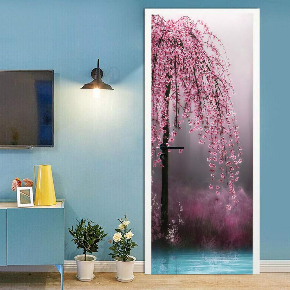 Sticker porte effet peinture arbre en fleurs décoration murale HD