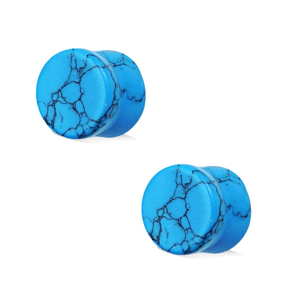 BodyJewelryOnline 2PCS Semi Precious Solid Turquoise Stone Saddle Fit Plugs Ear Gauges Double Flared Flesh Tunnels Stretcher Expander Piercing 3mm-