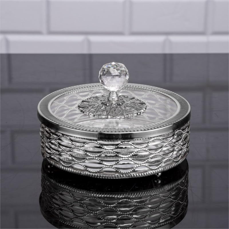 Hakan Candy Dish Bowl with Glass Lid & Crystal Top, Footed Handmade Stainless Metal Decorative Mirrored Round Sugar Cubes Serving Bowl for Gift Party Home Kitchen Office Table Wedding, 6.3”, Silver