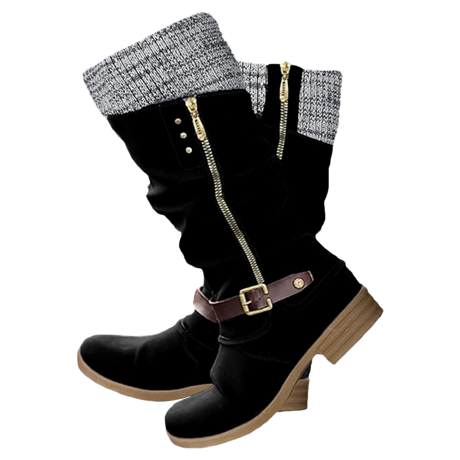 Womens Knee-High Boots Mid Calf Sweater Knitted Ruched Cuff Snow Boot Fashion Side Zipper Vintage Winter Booties Low