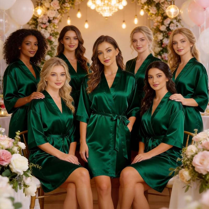 Image of Women's Bride Bridesmaid Robes Short Satin One Size Silver Rhinestones Wedding Party Getting Ready Sleepwear