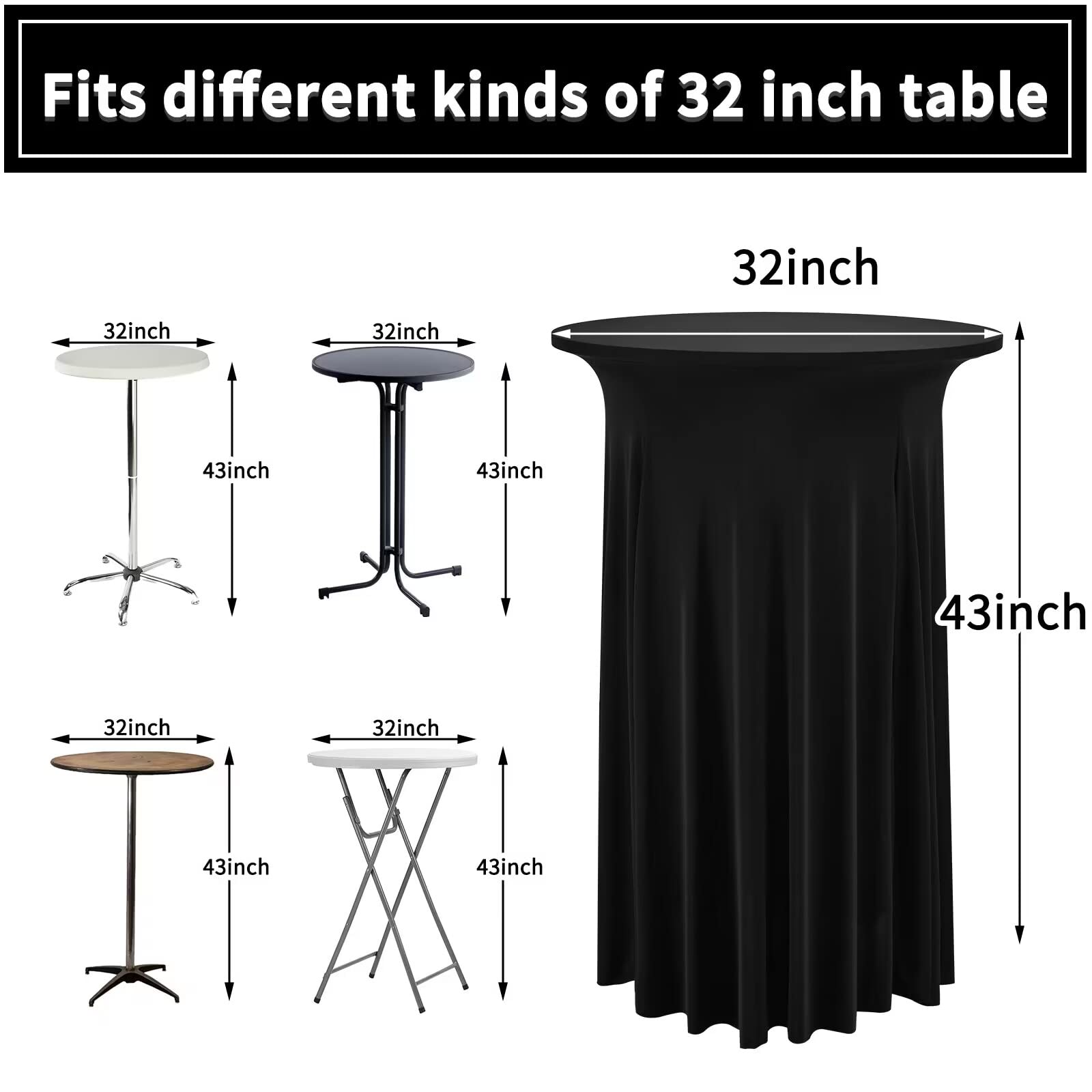 Paquete de 6 faldas redondas de mesa de cóctel de 32 x 43 pulgadas, mantel de cóctel elástico de elastano con cortinas onduladas, fundas de mesa de elastano negro ajustables para boda, bar,