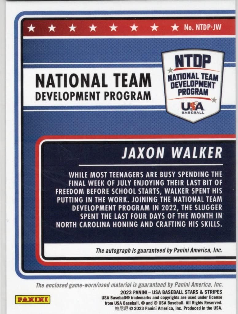 Jaxon Walker Autographed & RARE Serial Numbered #01/03 Laundry Tag USA National Team Development Program Collectible Baseball Card- 2023 Panini USA Stars and Stripes Baseball Card #NTDP-JW-JD (National Team Development Program)